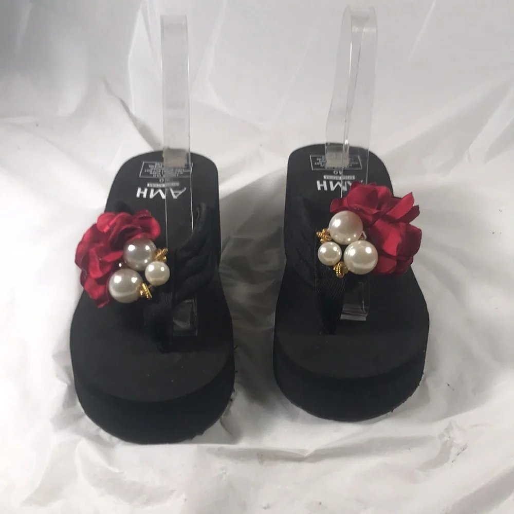 Womens Summer Black With Red Flowers & Jewels Slip On Vegan Platform Thong Shoes